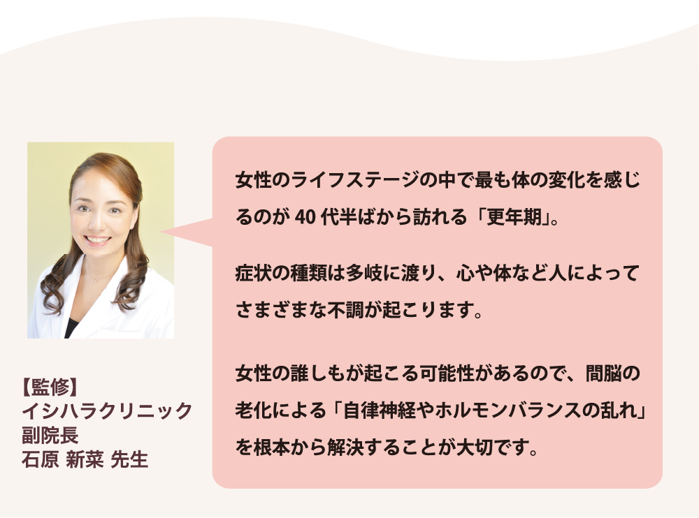 女性のライフステージの中で最も体の変化を感じるのが40代半ばから訪れる「更年期」です。私が診療するクリニックでも、さまざまな体の不調に関する相談を多くいただきます。症状の種類は多岐に渡り、怒りや不安などの精神的な症状や、めまい、倦怠感、ほてりなど、人によってさまざまです。女性誰しもが起こる可能性があるので、しっかりと症状に向き合い、根本的な原因を解決することが大切です。